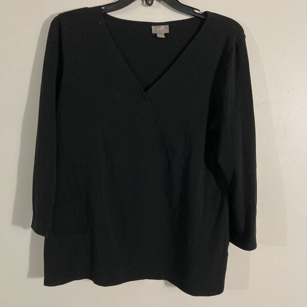 J. Jill Faux Wrap Top Womens M Black‎ 3/4 Sleeve Cotton Lycra V-Neck Stretch